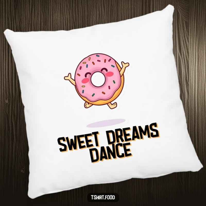 Funny Pillow featuring a jumping donut character with sprinkles in a dance pose, adding playful charm and comfort.