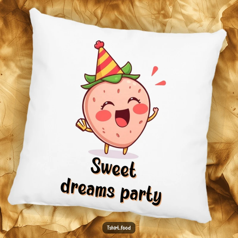 Funny Strawberry Party Pillow: An excited strawberry with a party hat blowing a horn, soft and festive decor.
