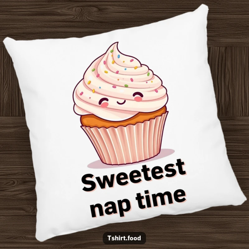 Funny pillow with a cheerful cupcake character showered in tiny confetti, providing cozy comfort with a festive, humorous design.