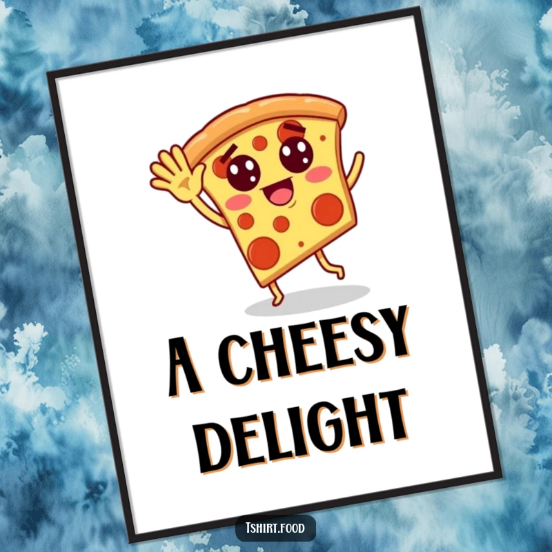 Funny digital art print of a pizza slice with pepperoni eyes waving and dancing silliy, perfect for instant quirky and humorous decor.