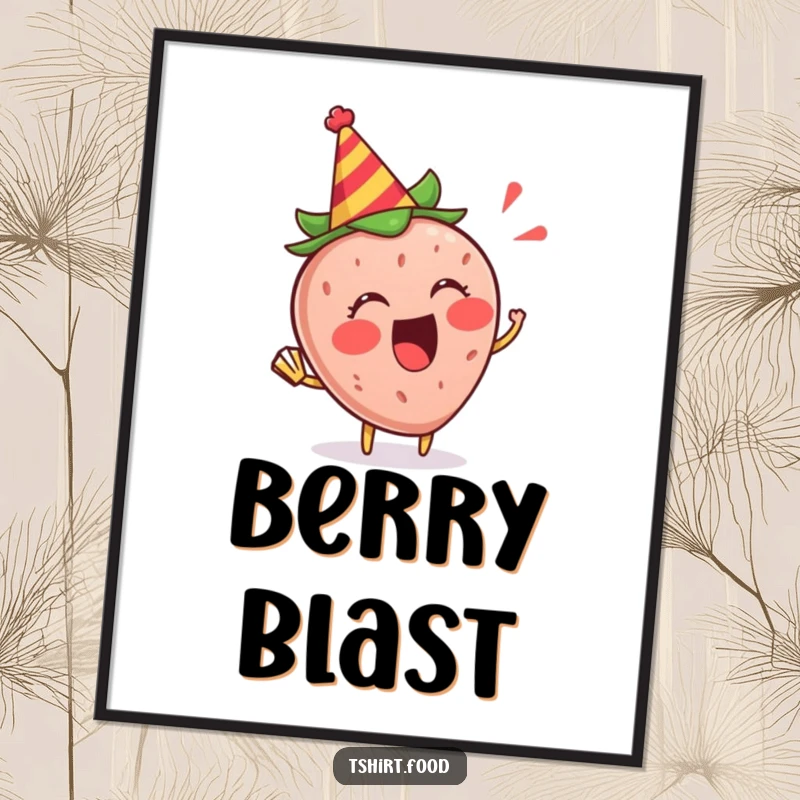 Funny Strawberry Party Digital Art: An excited strawberry in a party hat blowing a horn, instant festive decor.