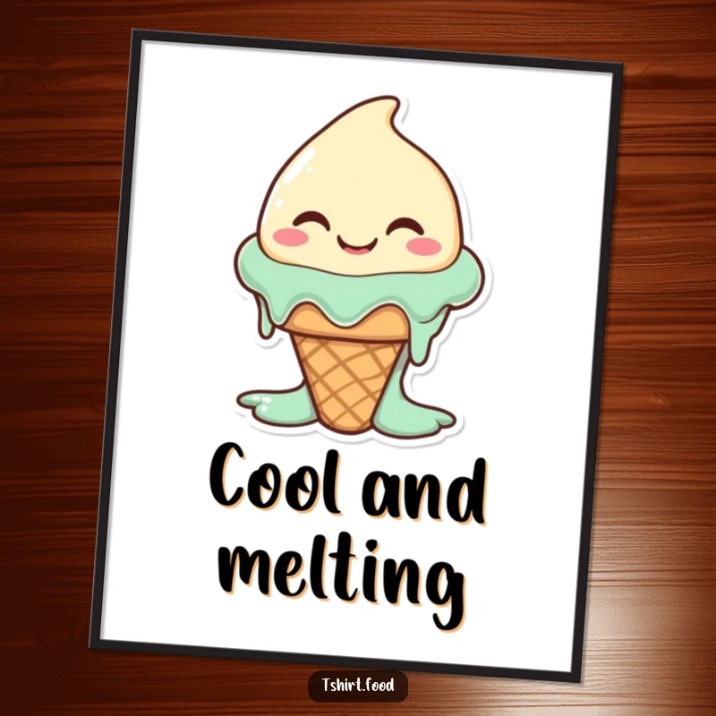 Funny happy ice cream cone character melting slightly with a wide, silly smile, as a digital art print. Instant cheerful decor.