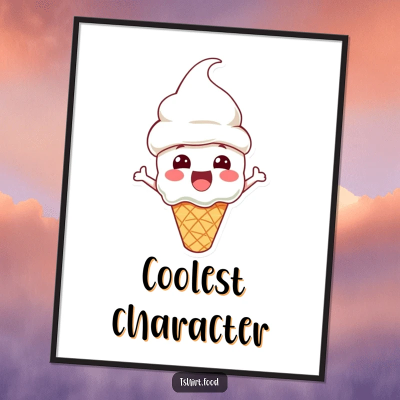 Funny Digital Art Print of an excited ice cream cone character wearing a cone hat, perfect for instant wall art.