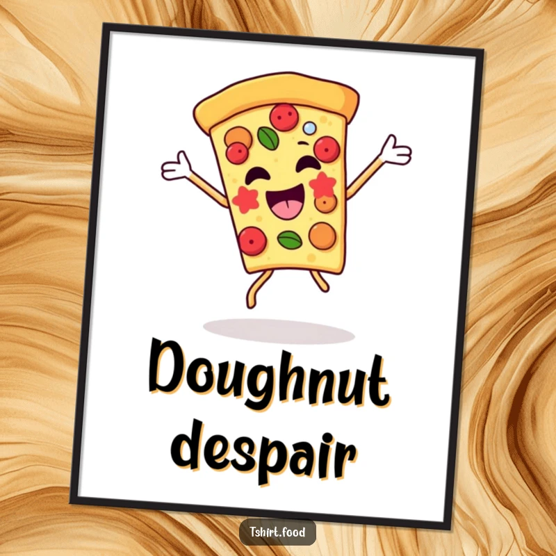 Funny pizza slice digital art print in a triumphant dance, vibrant toppings adding to the festive and energetic mood.