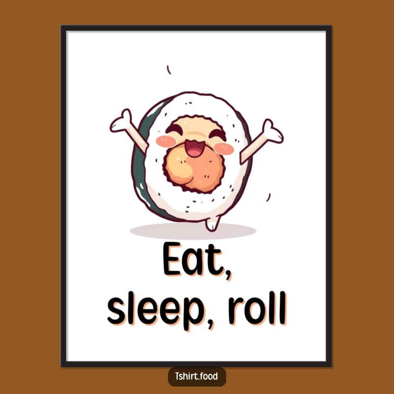 Funny Sushi Digital Art: Cartwheeling Roll with Joy, Vibrant Humorous Print Gift