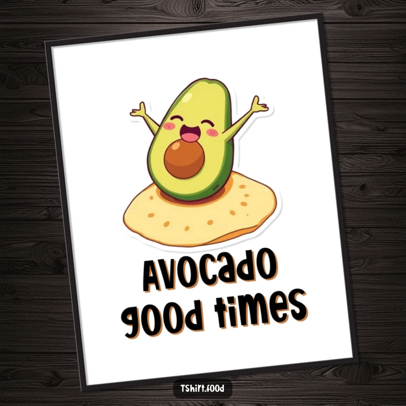 Funny avocado digital art print of a laughing character doing a somersault on a tortilla, bringing immediate food fun.