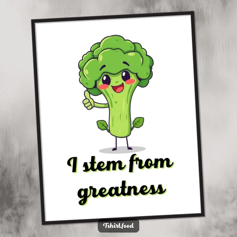 Funny broccoli character giving a thumbs up, balancing on its stem, as a digital art print. Instant cheerful decor.
