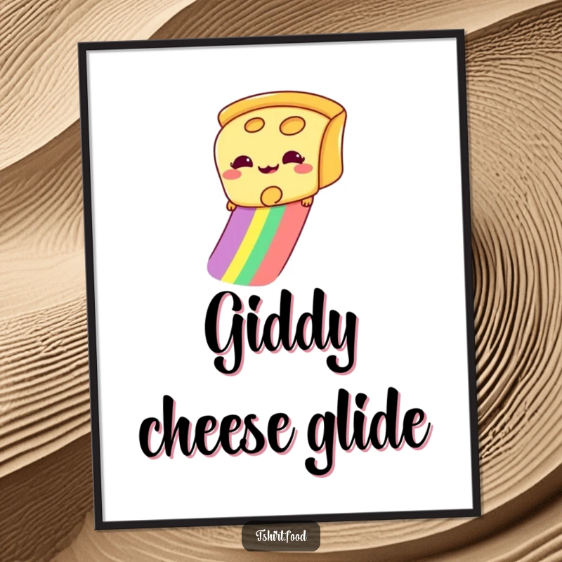 Funny digital art of a giddy slice of cheese gleefully sliding down a rainbow, radiating pure cheesy delight and humor.