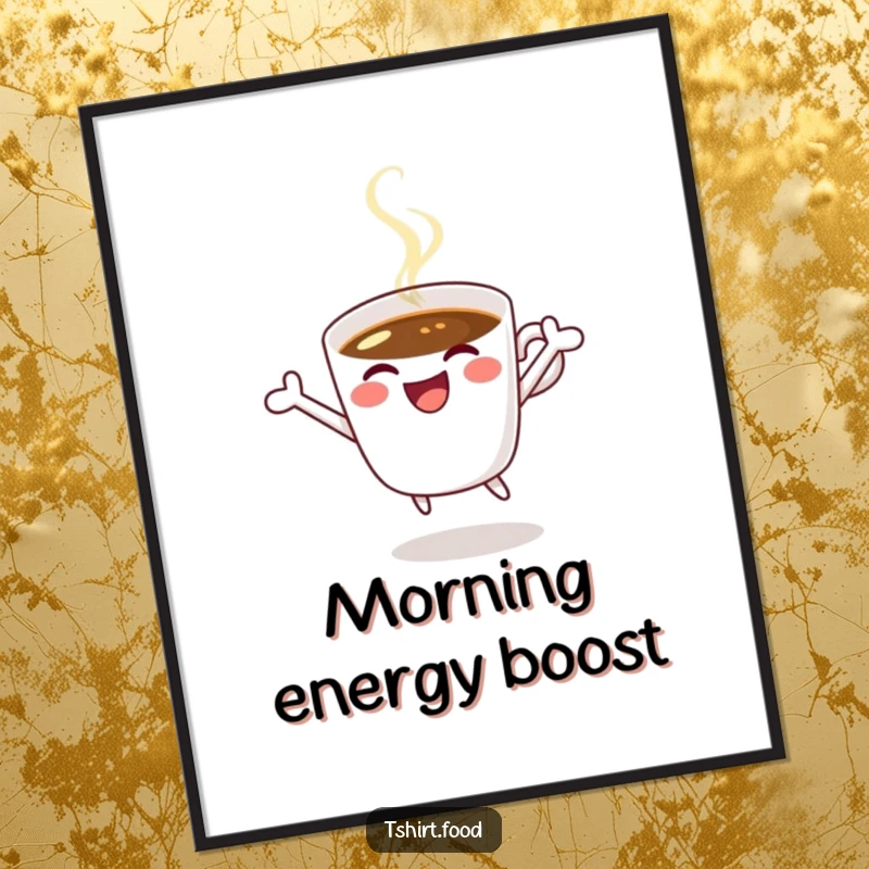 Funny coffee digital art print of a happy coffee cup winking and jumping for joy, full of vibrant energy.