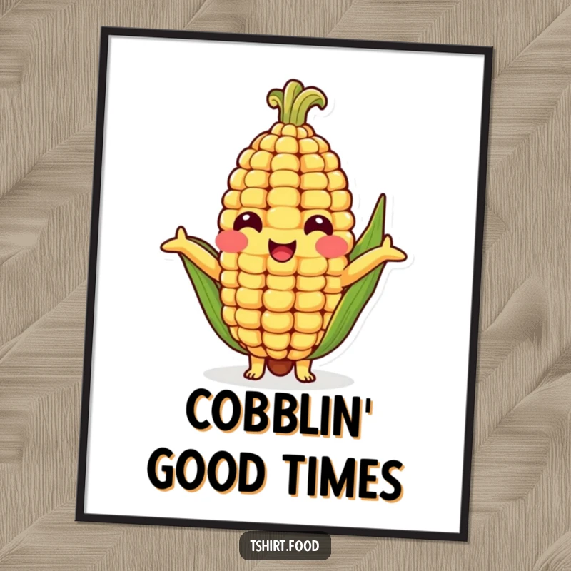 Funny digital art print of a smiling corn cob character with arms wide open, offering a comical and heartwarming hug.