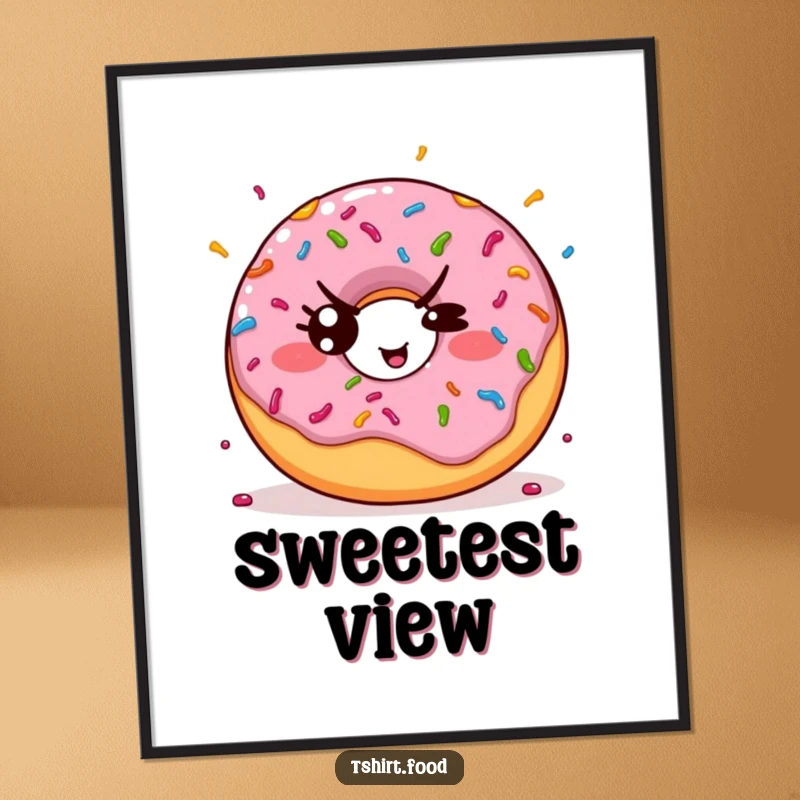 Funny digital art print of a kawaii donut throwing colorful sprinkles with a mischievous wink, perfect for instant sweet and humorous decor.