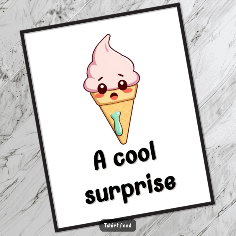 Funny digital art print of a surprised ice cream cone character melting slightly, offering downloadable humor and cool vibes.