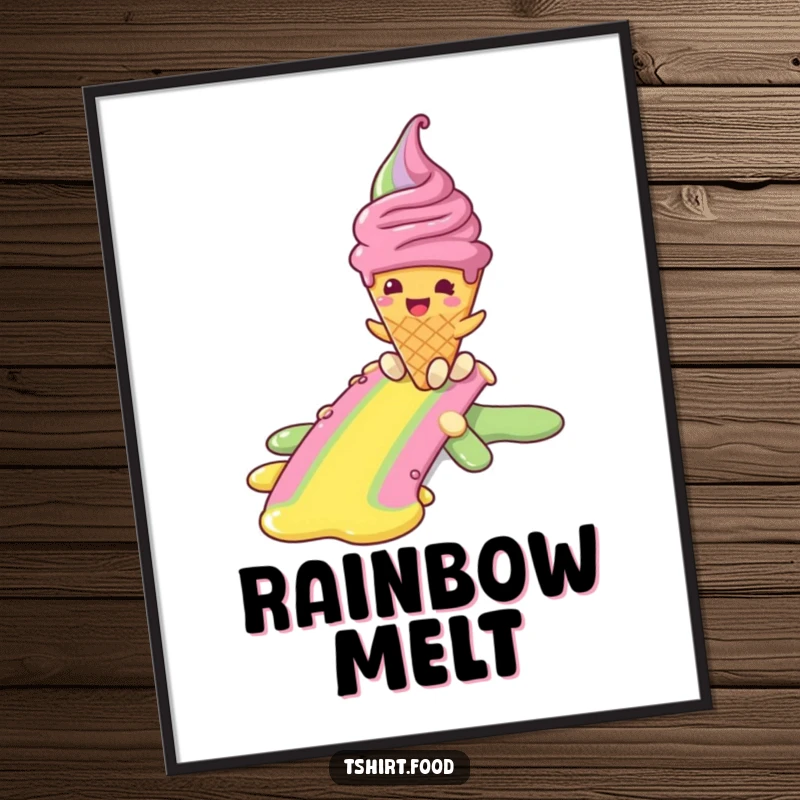 Funny digital art print of a smiling ice cream cone character joyfully sliding down a vibrant rainbow, capturing sweet, delightful moments.