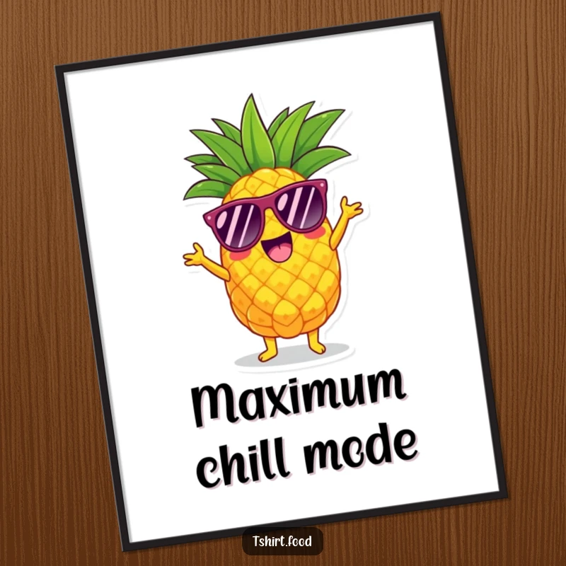 Funny pineapple digital art print featuring a character in sunglasses doing a joyful shimmy, perfect for vibrant decor.