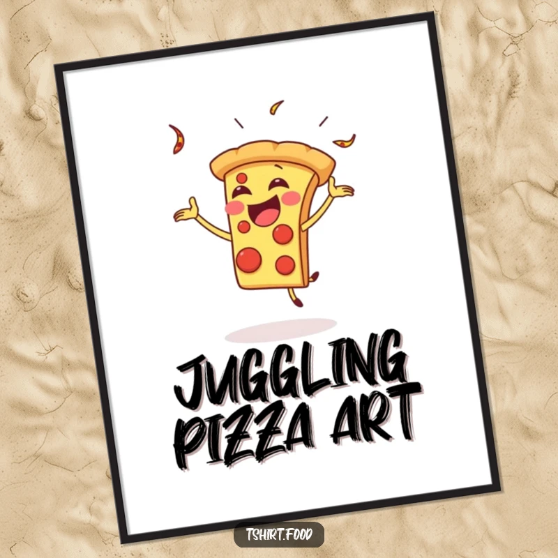 Funny Digital Art Print: A gleeful pizza slice juggles playfully, a vibrant and entertaining piece of art.