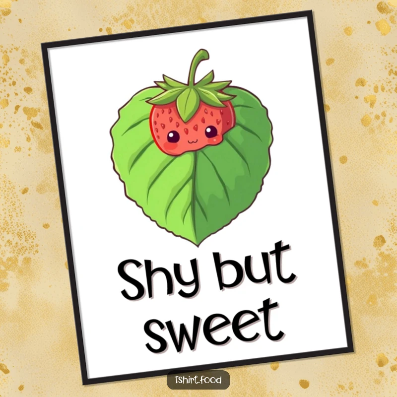 Funny digital art of a shy strawberry cautiously peeking from behind a large leaf, conveying sweet shyness and charm.