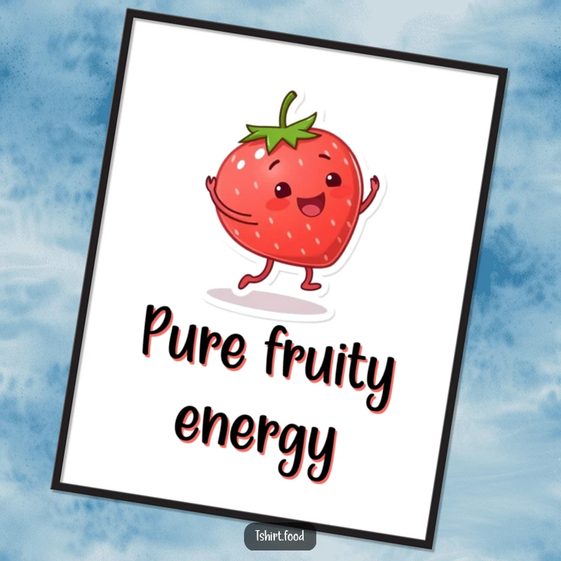 Funny digital art print of a smiling strawberry character doing a happy cartwheel, perfect for instant, fruit-themed wall decor.