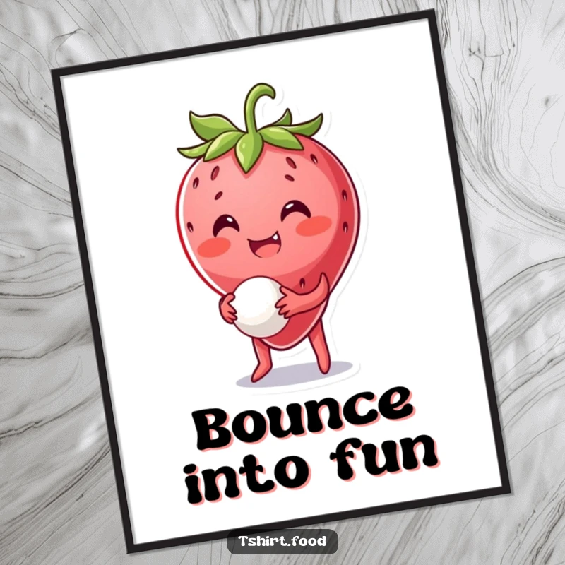 Funny Strawberry Digital Art: A smiling strawberry character joyfully bounces a tiny ball, capturing a moment of pure, unadulterated playtime.