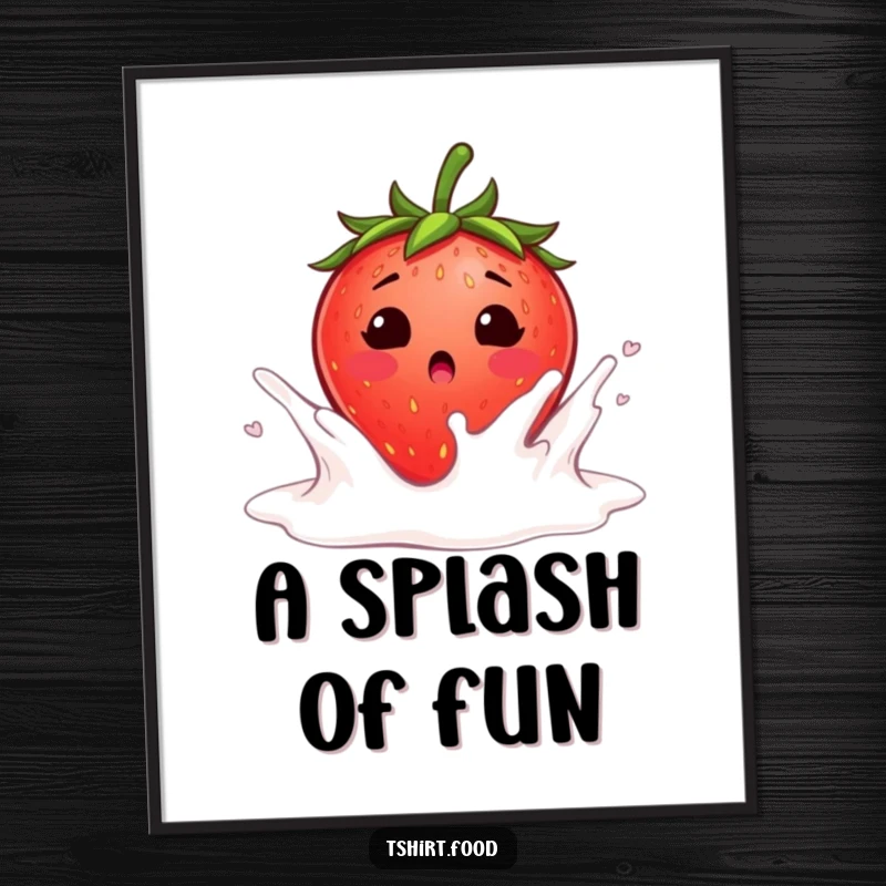 Funny surprised strawberry blushing as it falls into a milk splash digital art print, a blushing strawberry landing in creamy milk, ready for funny decor.