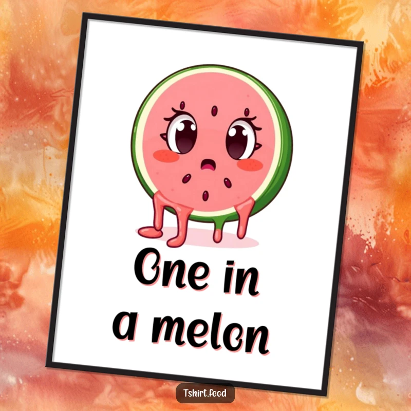 Funny surprised watermelon slice character with dripping seeds, eyes wide, as a digital art print. Instant quirky decor.