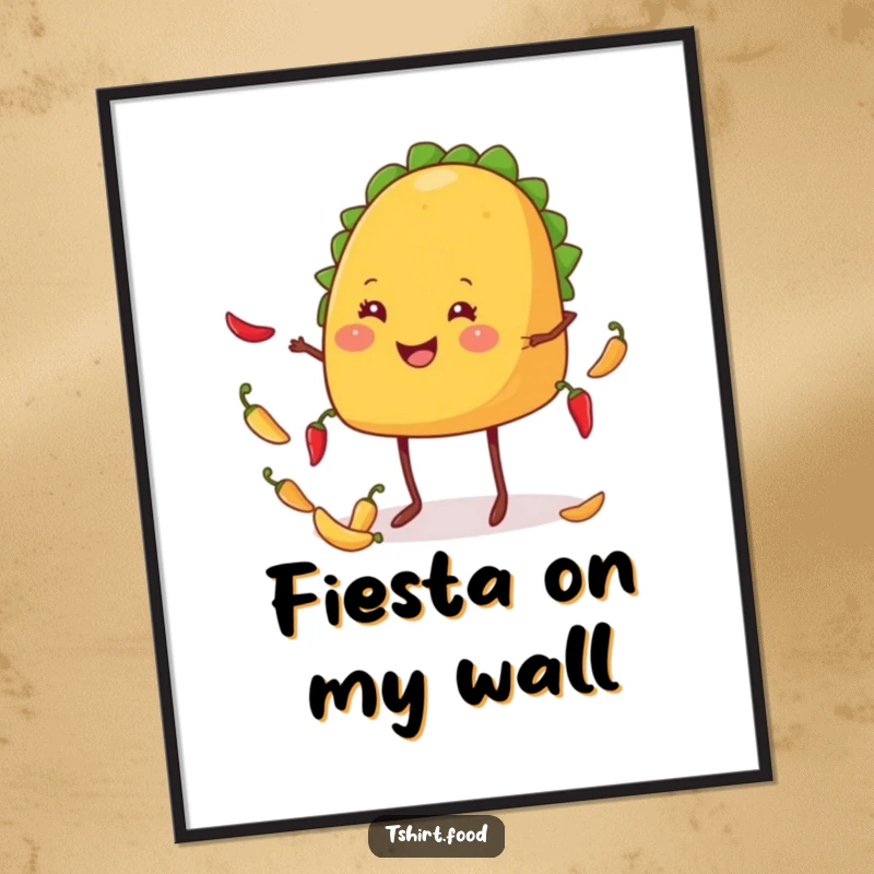 Funny taco digital art print of a smiling, leggy taco energetically juggling tiny chiles with a joyful, festive expression.