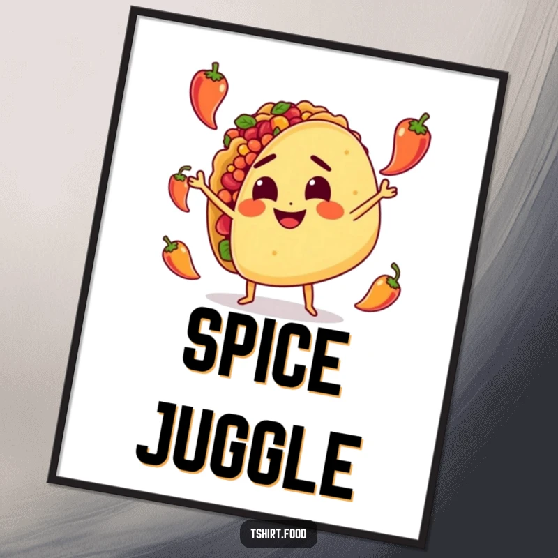 Funny Digital Art Print: A determined taco character juggles tiny spicy peppers, bringing a lively and humorous artistic flair.