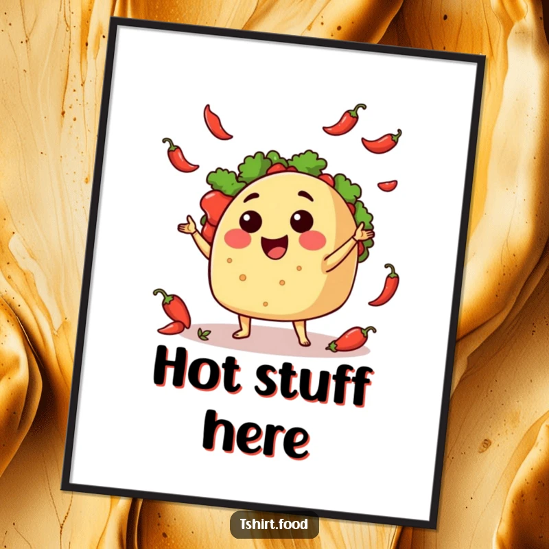 Funny Digital Art Print: A vibrant, happy taco skillfully juggling tiny red chili peppers, capturing pure culinary joy.