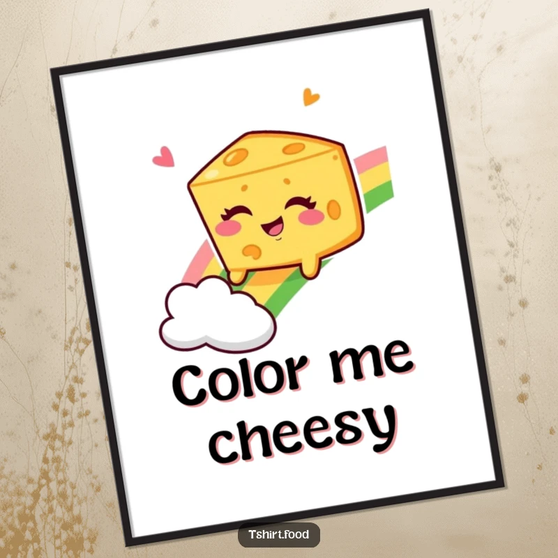 Funny Winking Cheese Wedge Digital Art Print, showing a happy wedge sledding down a rainbow, bringing comedic joy.