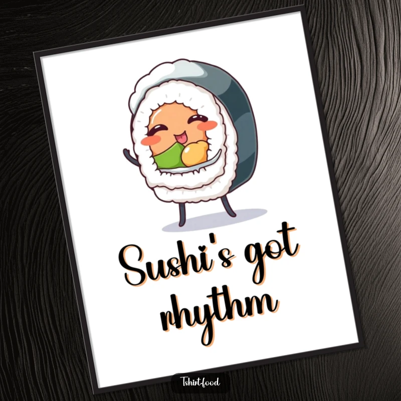 Funny digital art print of a winking sushi roll with tiny legs dancing, perfect for instant download and humorous wall decor.