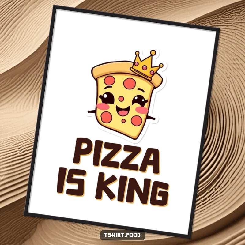 Funny Digital Art Print of a grinning pizza slice character wearing a tiny crown, perfect for instant wall art.