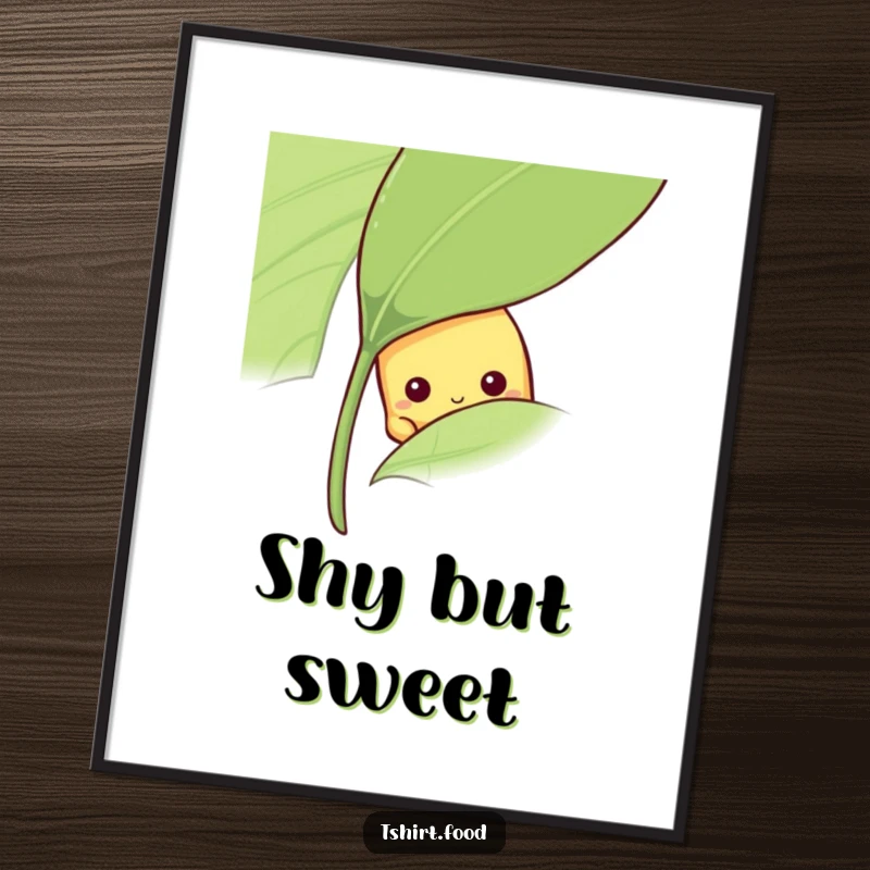 Funny shy banana digital art print of a fruit peeking from behind a leaf, instant funny gift.