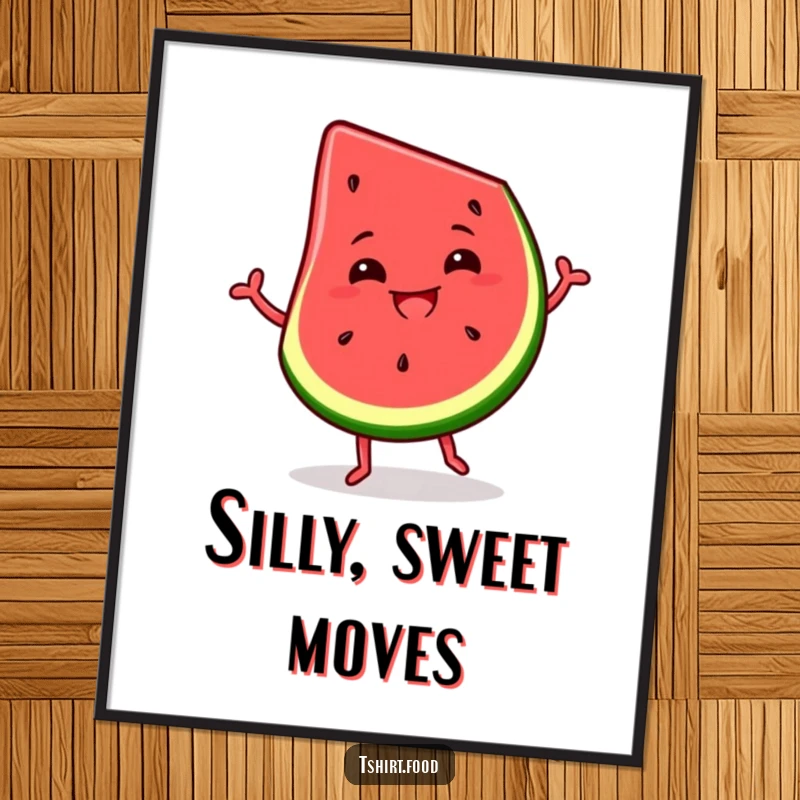 Funny digital art of a slice of watermelon dancing with a wide, silly grin, capturing pure summer delight.