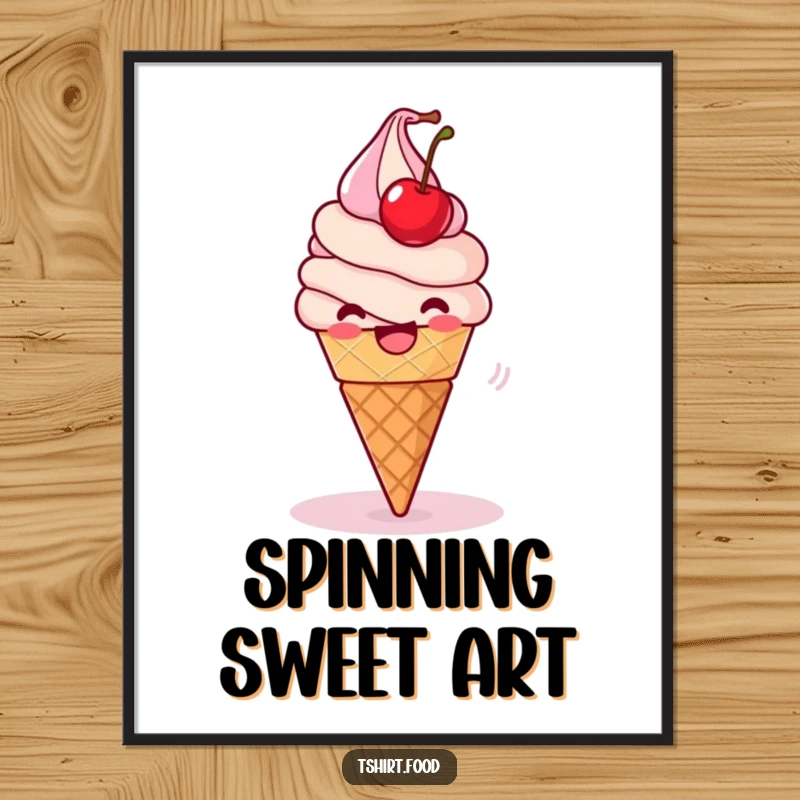 Funny Digital Art Print: A delighted ice cream cone spins playfully with its cherry wobbling, a sweet and cheerful artwork.