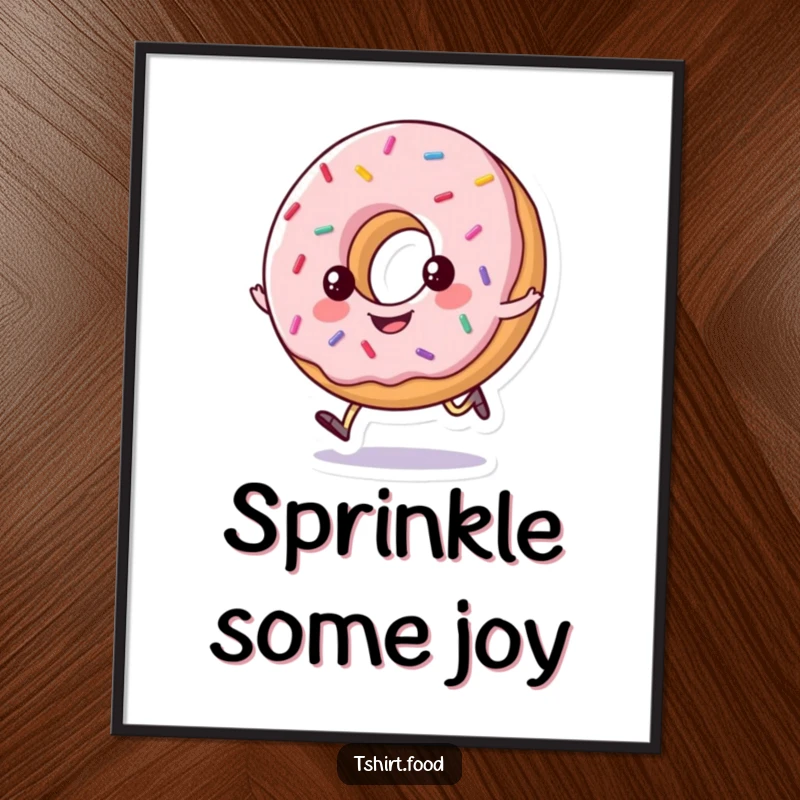 Funny digital art print of a happy, sprinkled donut doing a little hop, ideal for instant download and cheerful decor.