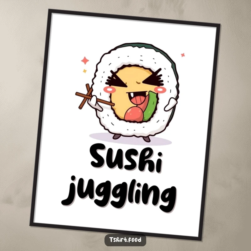 Funny digital art print of a winking sushi roll character juggling tiny chopsticks with a subtle devilish grin, embodying Japanese food artistry and humor.