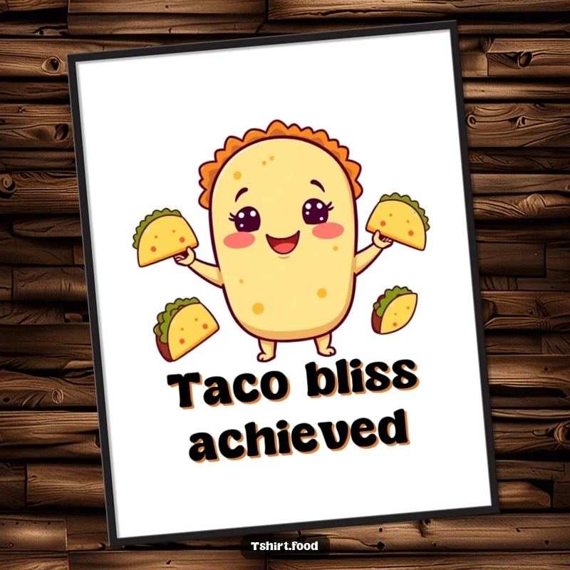 Funny Taco Juggling Digital Art Print of a smiling taco expertly tossing miniature tacos, offering a humorous and colorful visual statement.