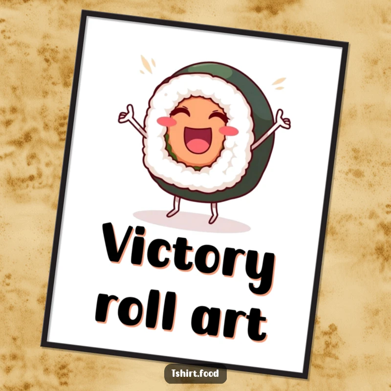 Funny Digital Art Print: A beaming sushi roll with tiny legs dancing a victory dance, a cheerful foodie artwork.