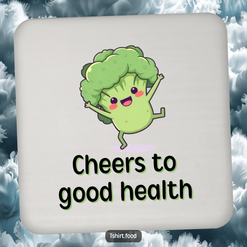 Funny broccoli drink coasters featuring a playful floret doing a cartwheel, perfect for adding healthy charm.