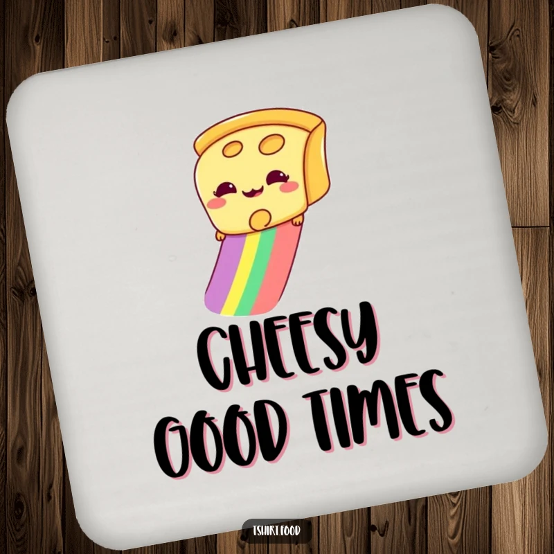 Funny drink coaster featuring a giddy slice of cheese sliding down a rainbow, adding a humorous touch to drinks.