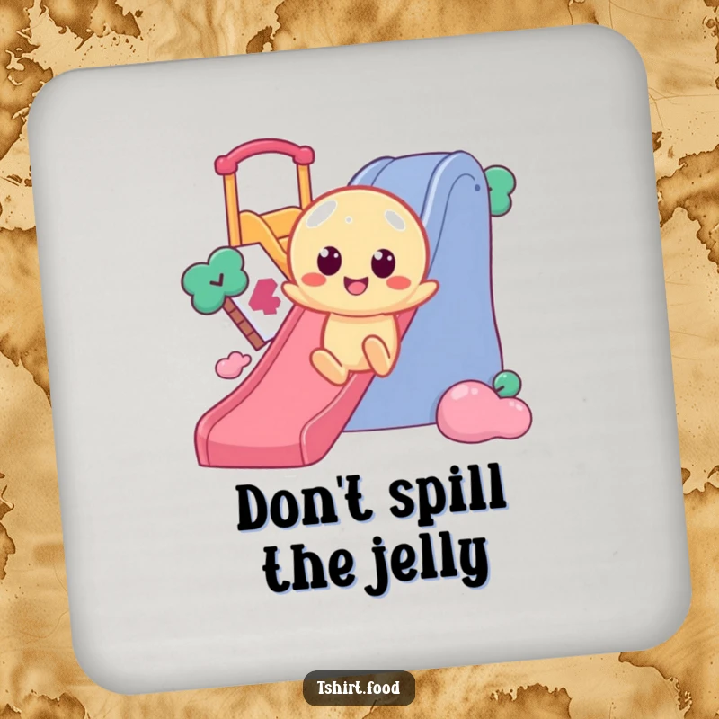 Funny Jelly Slide Coaster set depicting a wobbly jelly character with round eyes, sliding enthusiastically down a slide, ideal for humorous table protection.