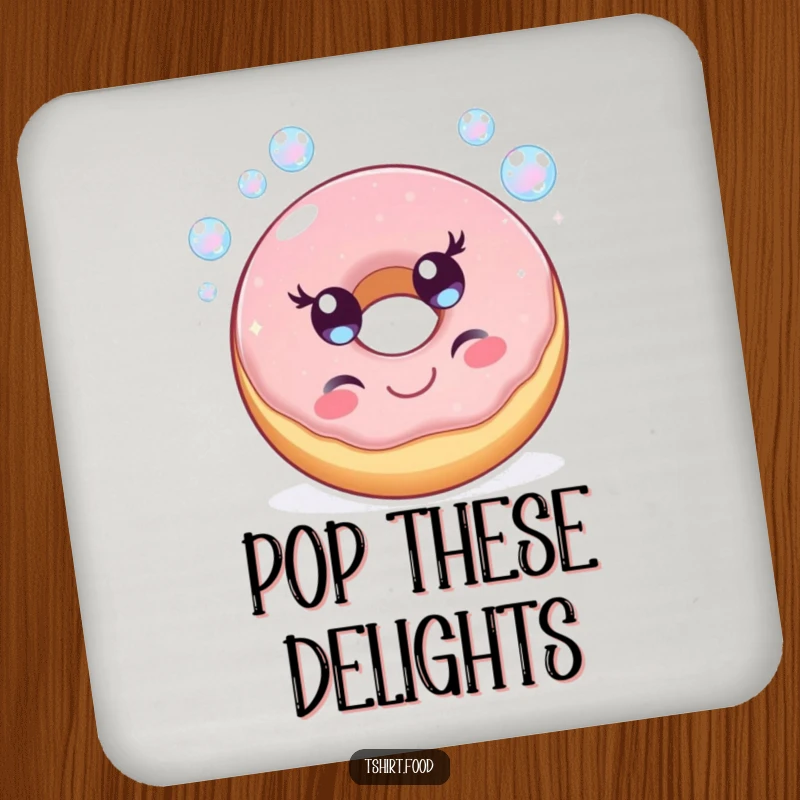 Funny drink coaster with a cheerful donut character happily blowing iridescent bubbles, adding a sweet and protective touch to surfaces.