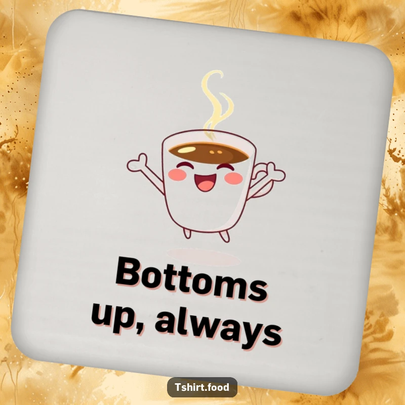 Funny coffee drink coaster showing a happy coffee cup winking and jumping for joy, adding a festive touch.