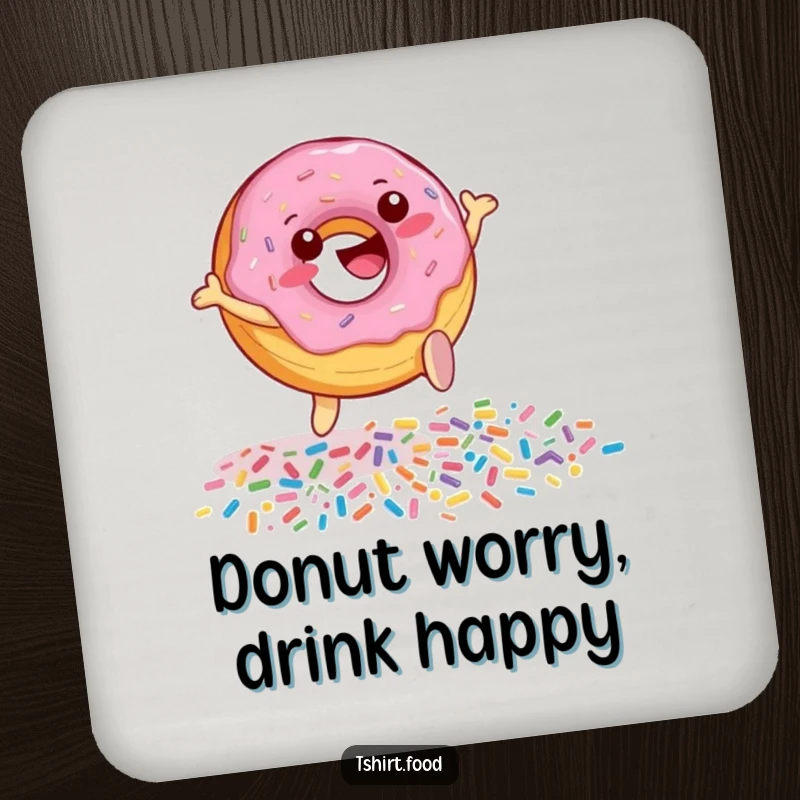 Funny Donut Sprinkle Leap Drink Coaster showing a happy donut character leaping over scattered sprinkles, a sweet and humorous addition to any table.