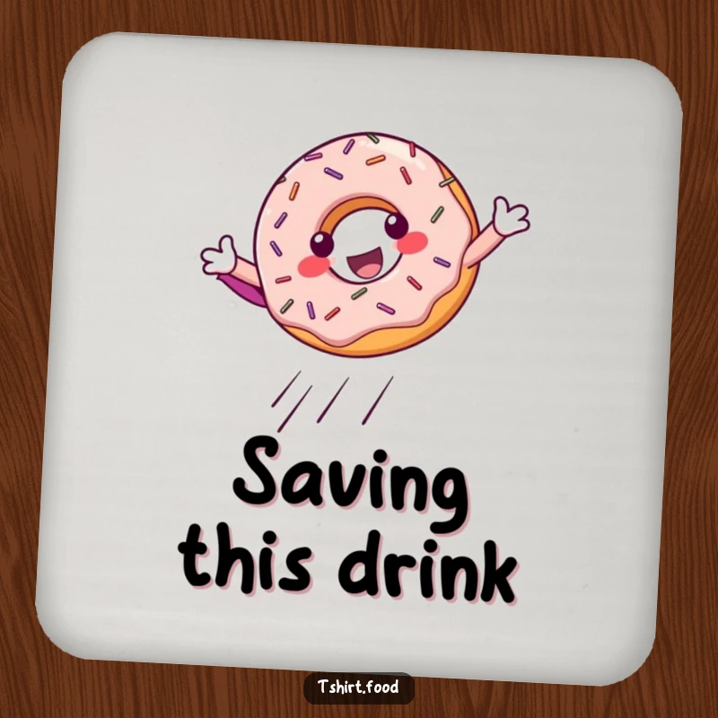 Funny Coaster: A cheerful donut with sprinkles striking a superhero landing pose, protecting surfaces with flair.