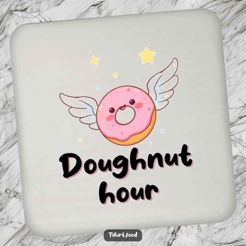 Funny coaster set showing a donut with wings soaring through a starlit sky, protecting tables with sweet, celestial pastry art.