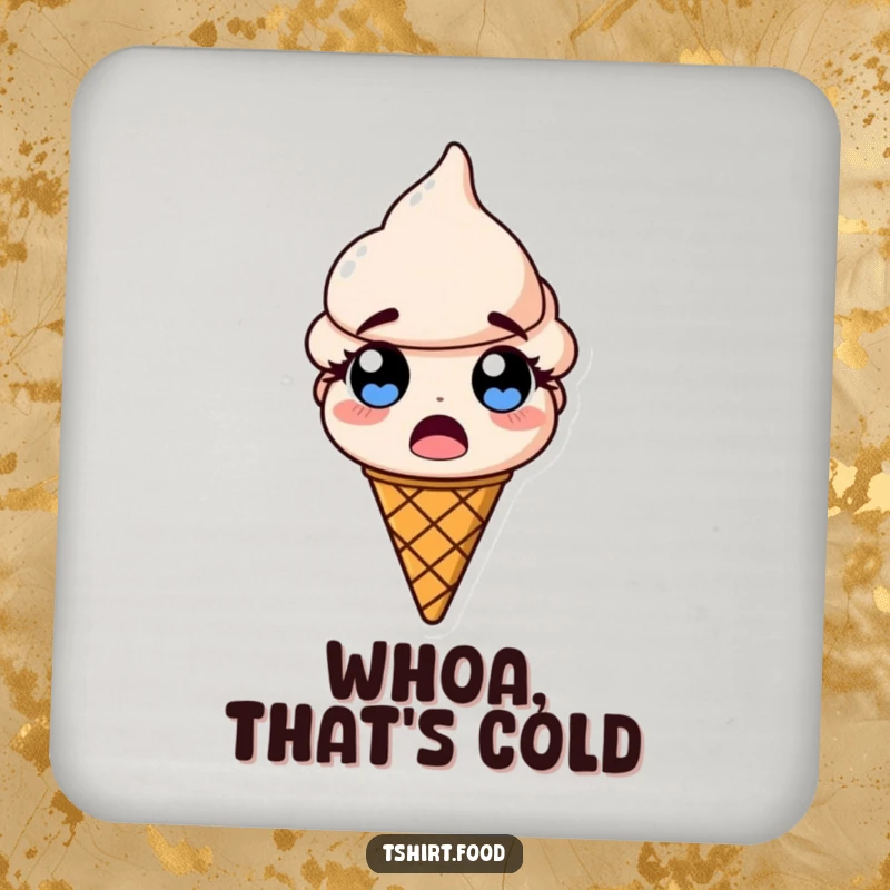 Funny drink coaster featuring a surprised ice cream cone with wide, popping eyes, adding a humorous touch to drinks.