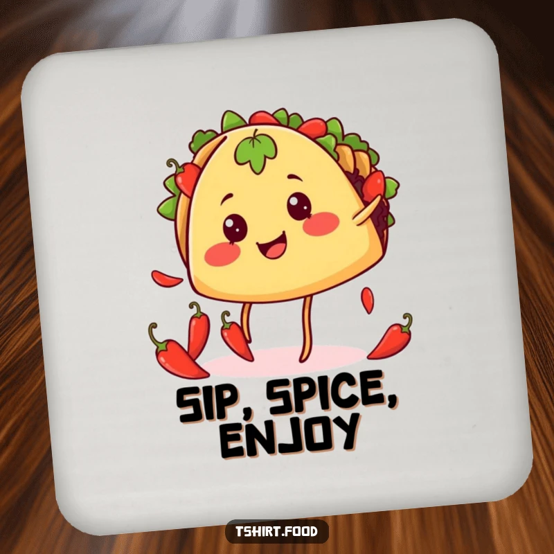 Funny juggling taco coaster showing a smiling taco with legs juggling chili peppers, perfect for adding festive humor.