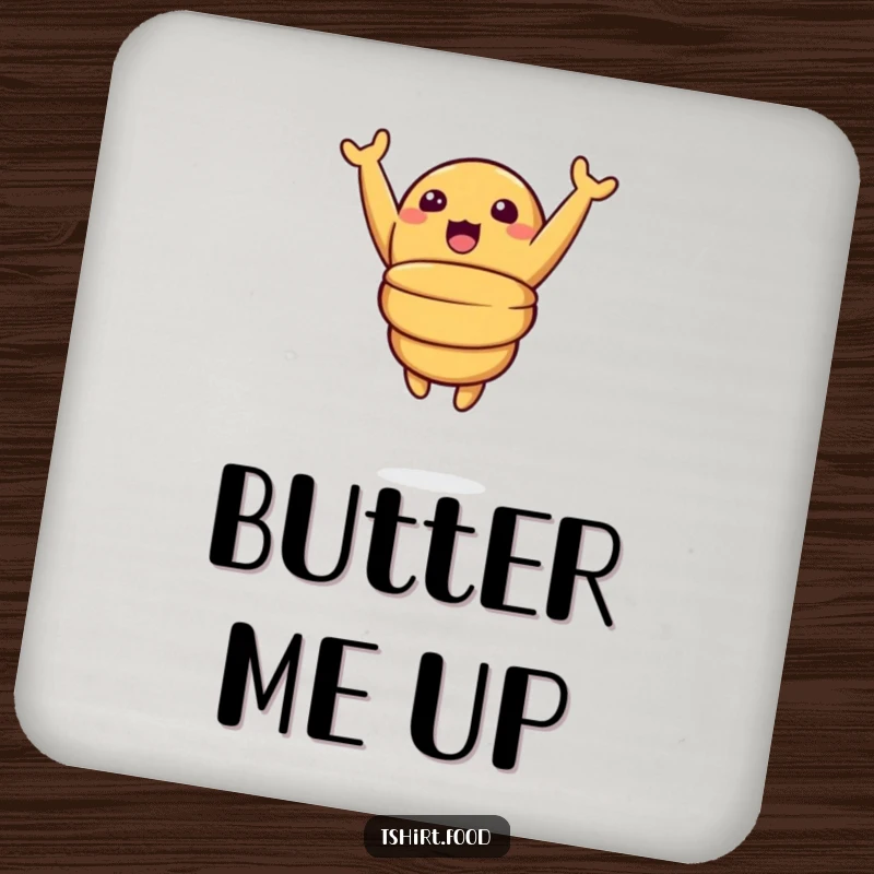 Funny drink coaster featuring a surprised croissant character leaping joyfully mid-air, adding a playful and protective element to your table.