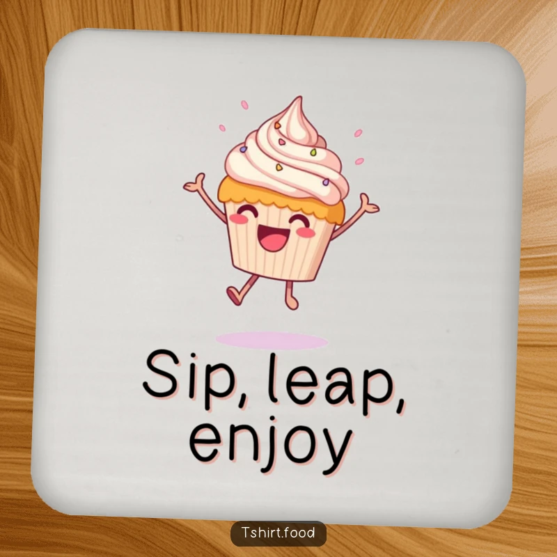 Funny leaping cupcake coaster showing a happy cupcake mid-leap with frosting raining down, perfect for adding sweet humor.