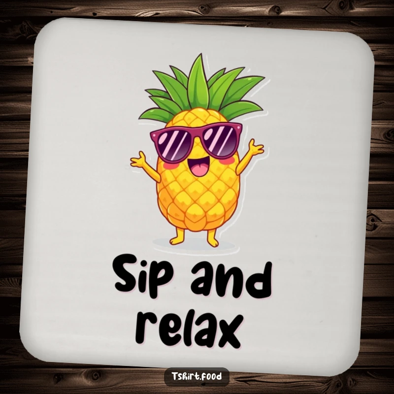 Funny pineapple drink coasters showing a character in sunglasses doing a lively shimmy, adding tropical charm.